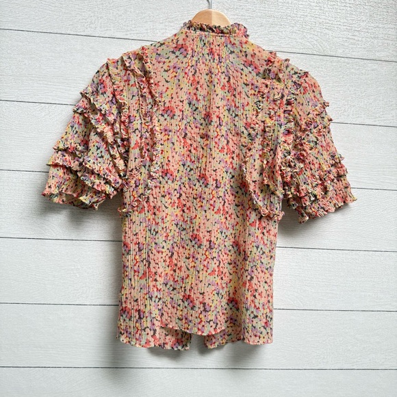 Rebecca Taylor | Silk & Cotton Pink Speckled Ruffle Ruched Blouse - Size 2 - Picture 3 of 14